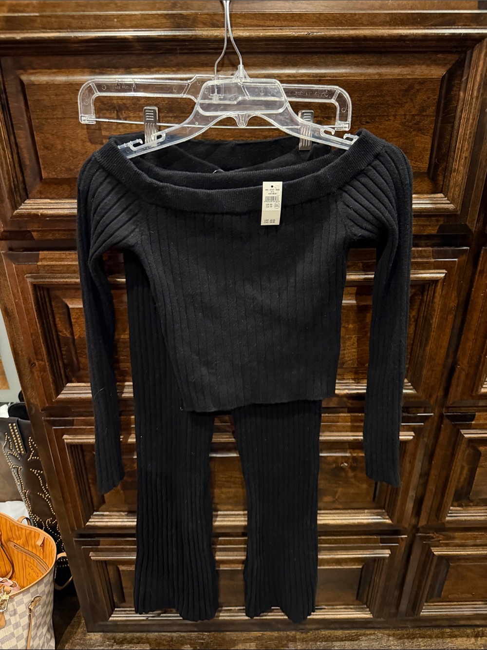 Aerie XS Pant Set Black Ribbed Off-Shoulder Top and Flare Pants Set